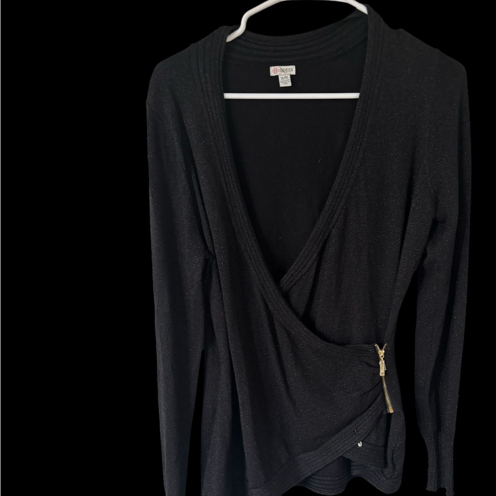 GUESS Faux Wrap Sweater Long Sleeve Top Blouse Black Shimmer Gold Zip V Neck XL